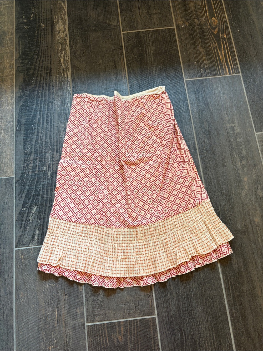 American Eagle Outfitters Red Patterned Midi Skirt with Cream Ruffle